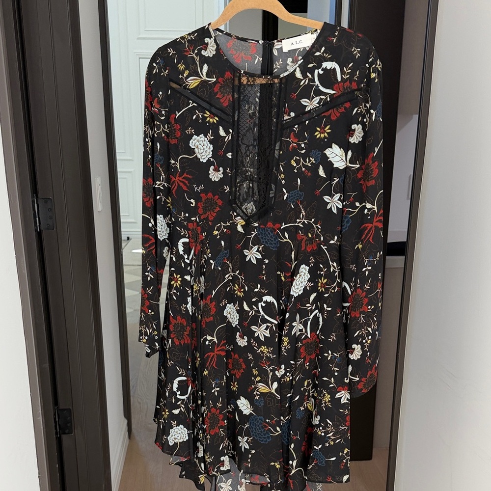 A.L.C. Black Floral Lace-Trim Long Sleeve Mini Dress